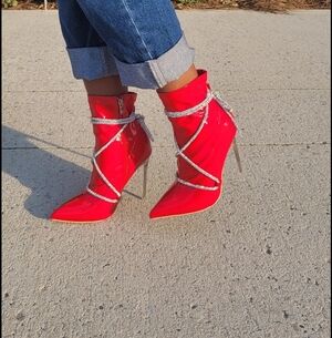 Red Patent Leather Lace-Up Heels